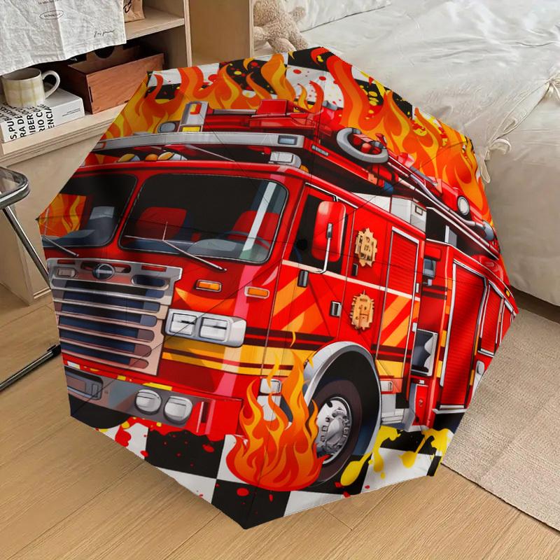 1pc Firetruck Flames Pattern Umbrella Design Automatic Opening and Closing Umbrella, High-quality Travel Umbrella, C1128234