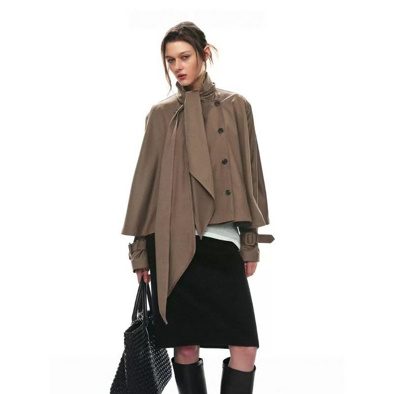Womens Oversized Cape-Style Short Coat With Bow Collar Double Breasted Fall Jacket Casual Loose Fit