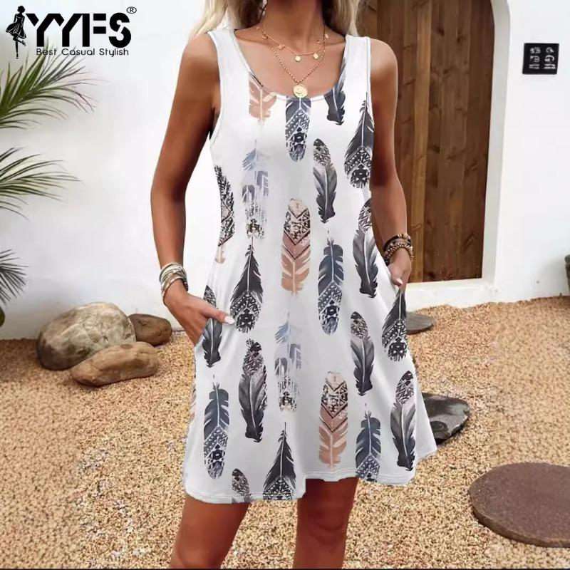 YYFS Modă Femei Vară Primăvară Imprimeu Pene Fără Mâneci Breteluțe Talie Lejeră Rochii Casual