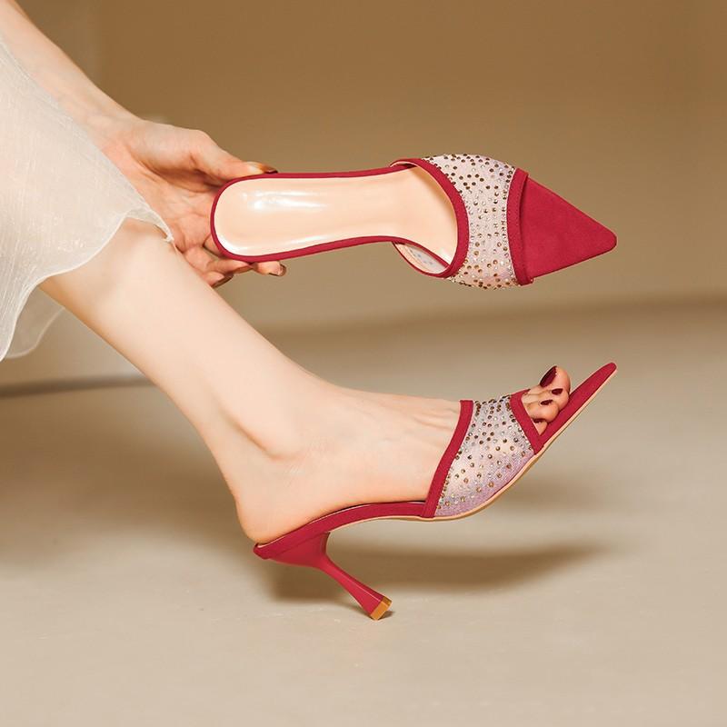 Fashion High Heeled Fish Mouth Slippers Female 2024 Mesh Rhinestone Pointed Head Fashion Open Toe Fine Heeled Versatile Zapatos Mujer