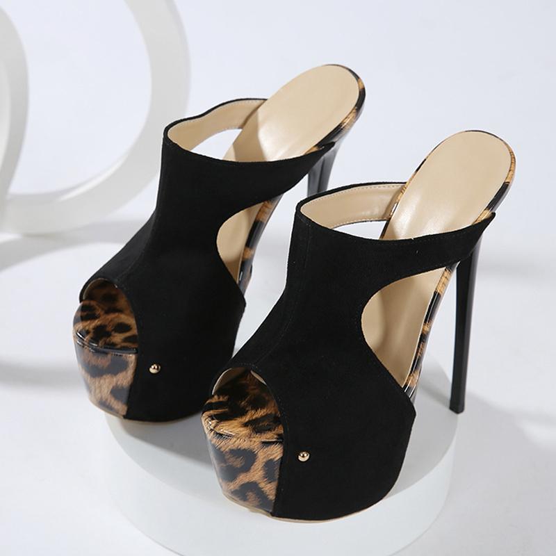 Liyke Sexy Leopardia potlač Peep Toe 16CM Extrémne vysoké podpätky Moderné šľapky Dámske platformové sandále Letná párty Banketová obuv