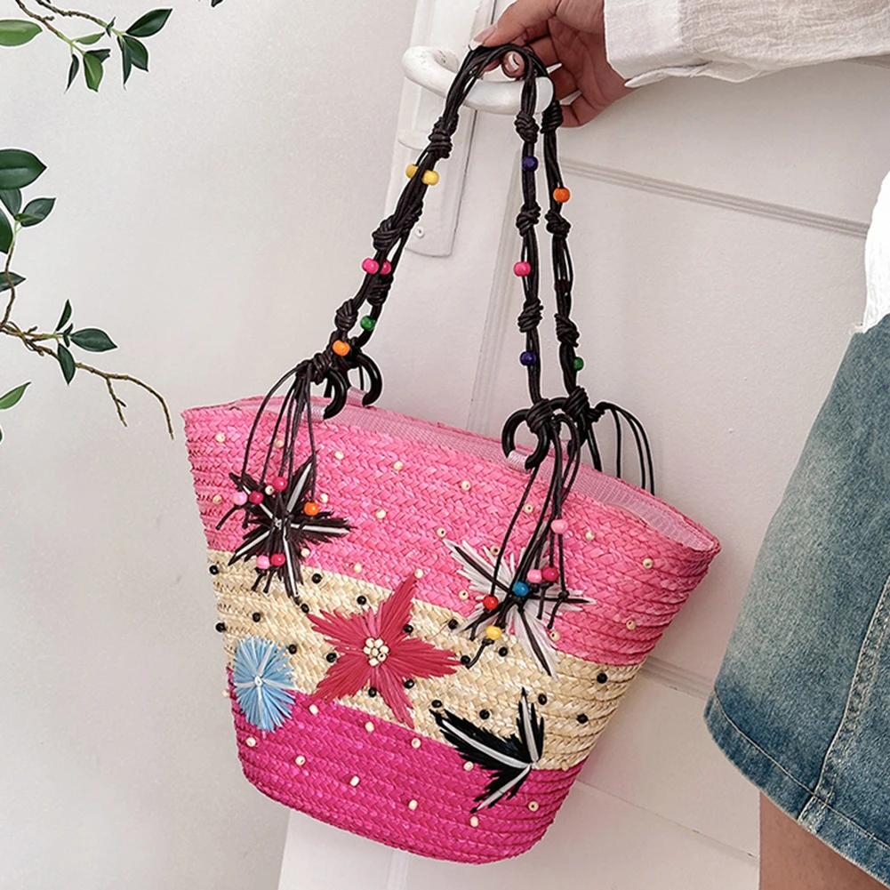 Seestern Handgewebte Tasche Handbestickt Perlenbesetzt Böhmische Strohtasche Sommer Mode Lässig Einfach Elegant für Reise Urlaub