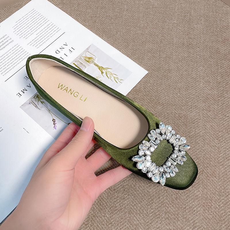 Fashion Square Rhinestones Buckle Flats Ballet Shoes for Women Slip on Shallow Mouth Moccasins Elegant Women's Wedding Shoes Loafers