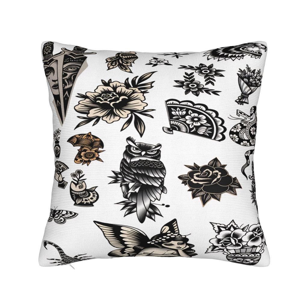 Pillow Case American Retro Rebellious Tattoo Black White Printed Pillow Cover For Sofa Car Home Decor Morden Pillowcases