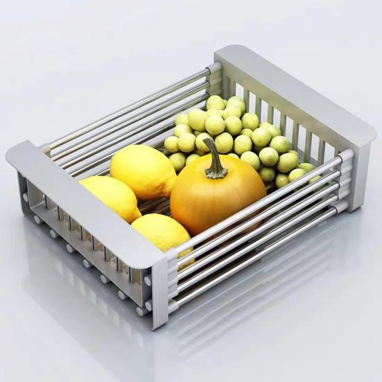 Drain Basket Stainless Steel Kitchen Sink Drain Basket Telescopic Drying Rack with Non-Slip Support Utensils Storage Holder