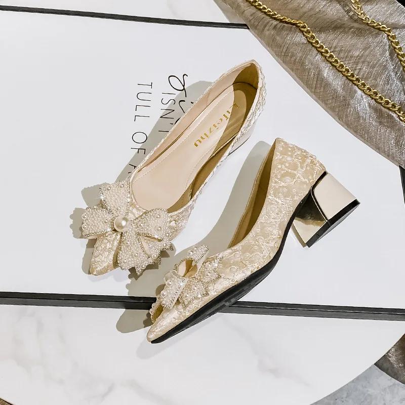Rhinestone Women High Heels Pointed Toe Thick Heel Single Shoes Party Office Wedding Shoes Large Size 35-43 Women Shoes