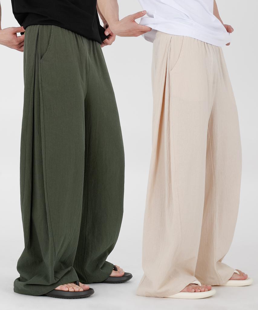 Opeumeideu Side Pintuck Linen-Like Curved Pants