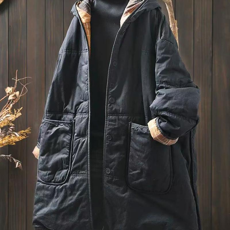 Women Vintage Hooded Parkas Button Coats Winter Long Sleeve Pockets Warm Arkas
