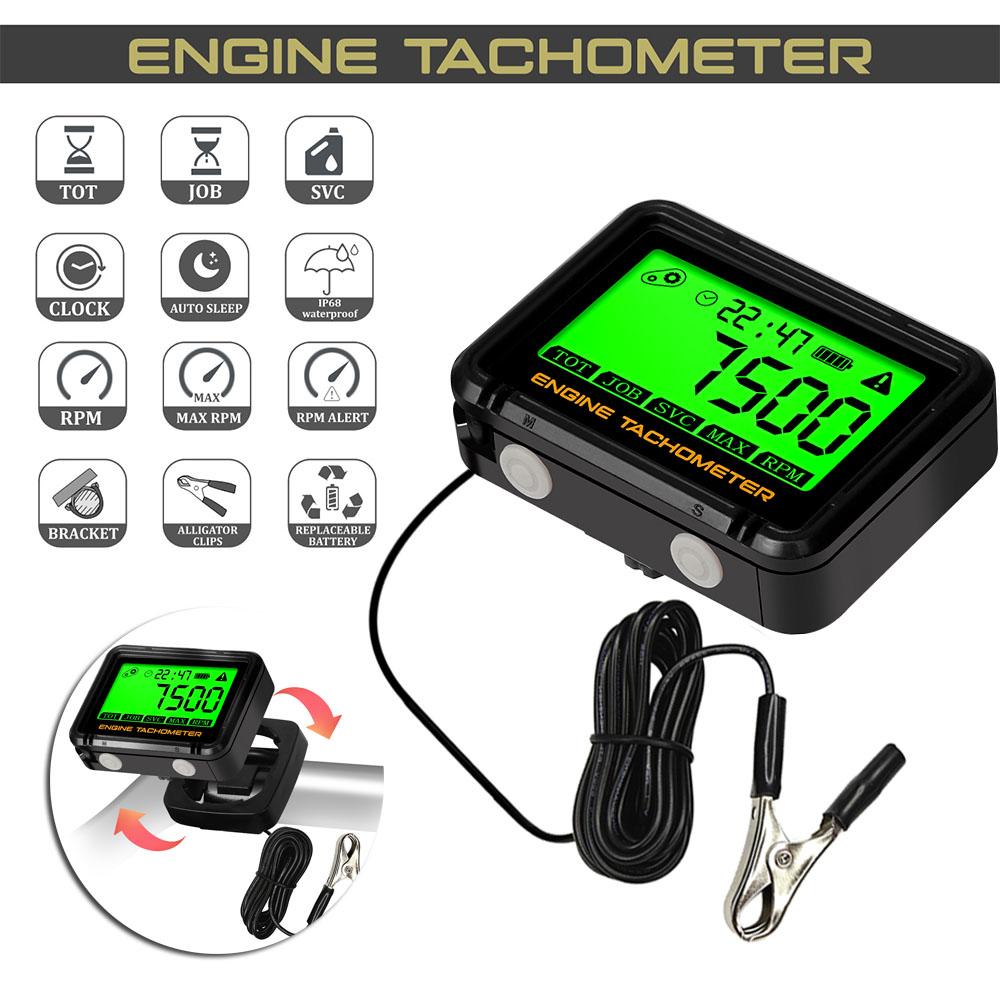 Engine Tachometer Digital Moto Inductive Tachometer with Alligator Clip Hour Meter Engine RPM LCD Display Gauge Backlight Waterproof