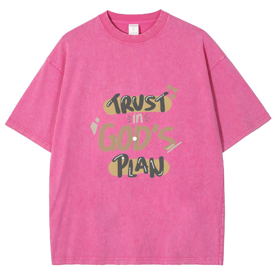 Lita på Guds Plan Monogramtryck Damtvättad T-shirt Sommar Ny Överdimensionerad Kortärmad Enkel Vardagstopp Basic T-shirt