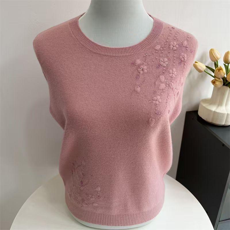 Women's Plus Size Wool Sweater Loose Fit Rhinestone Embroidery Knit Pullover Sweater Solid Color Soft Knit Top