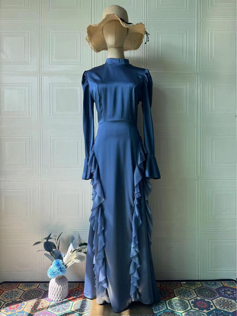 2025 High Neck Satin Chiffon Patchwork Lace-up Spring Dress