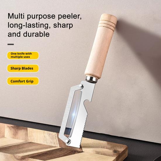 Gemüseschäler mit ergonomischem Holzgriff 2-in-1 Flaschenöffner Breite gebogene Klinge Scharfer Schäler für Kartoffeln Äpfel Zitrusfrüchte Karotten Küchenhelfer