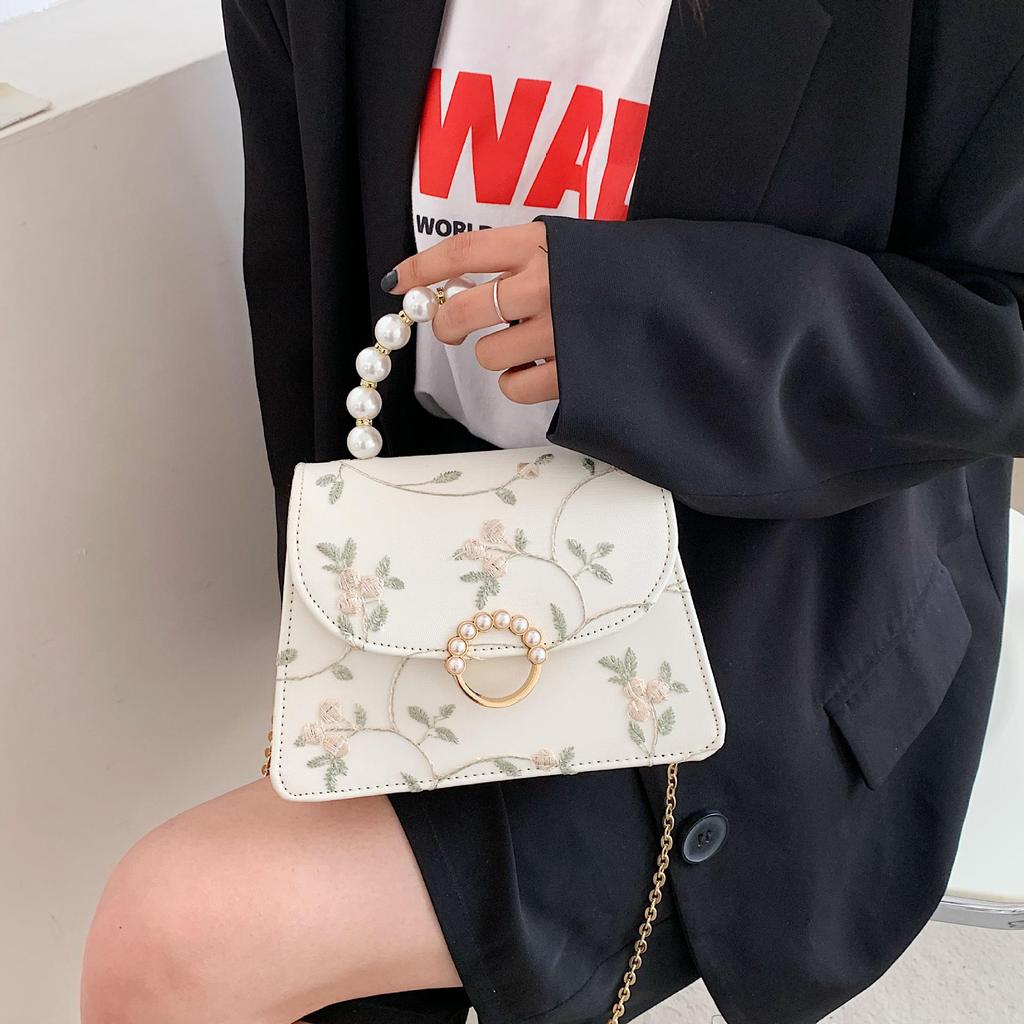 Women's 2025 Lace Embroidery Pearl Crossbody & Chain Shoulder Bag - National Style Handheld Square Bag