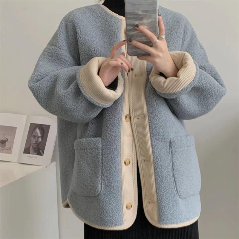 Winter Dicker kontrastierender Retro-Lammpelzmantel für Frauen Lockerer Rundhals Mittellanger Strickjackenmantel Damen