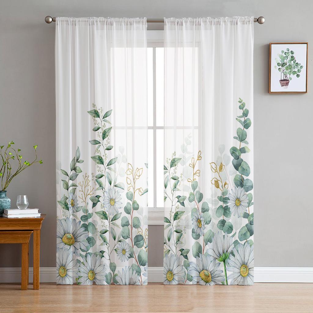 Flower Daisy Tulle Curtains for Living Room Bedroom Decoration Chiffon Sheer Voile Kitchen Window Curtain Drapes