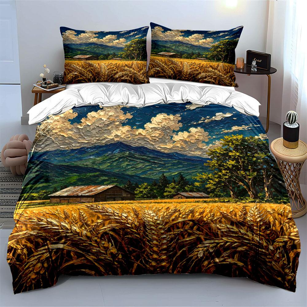Mountain landscape golden wheat. Bedding sets Duvet cover sets Duvet covers Pillowcases(1 * Duvet Cover 2 * Pillowcases, without duvet insert)