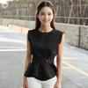 Ärmellose Schößchenbluse, Rundtailliert, Gerüscht, Einfarbig Schwarz [J-Scott] Damenbluse, Kragen, Gürtel, Saum, JS151-BK-XL