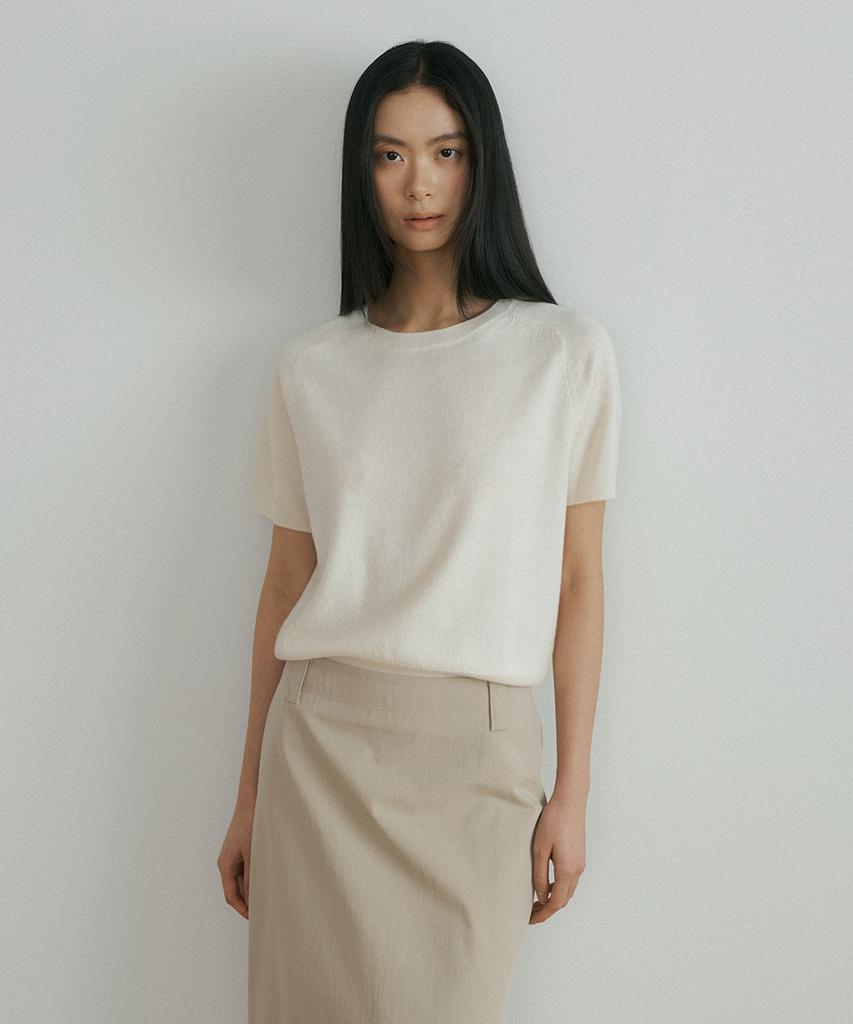 Lingseoul Wool Round Neck Half Sleeve Knit Top-Cream