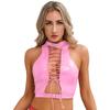 Débardeurs courts sans manches en cuir PU pour femmes, Haut corset gothique punk, Col ajustable, Haut à lacets
