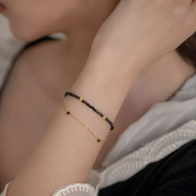 Jacques Black Spinel Beads Crystal Gemstone Gold Ball Bracelet