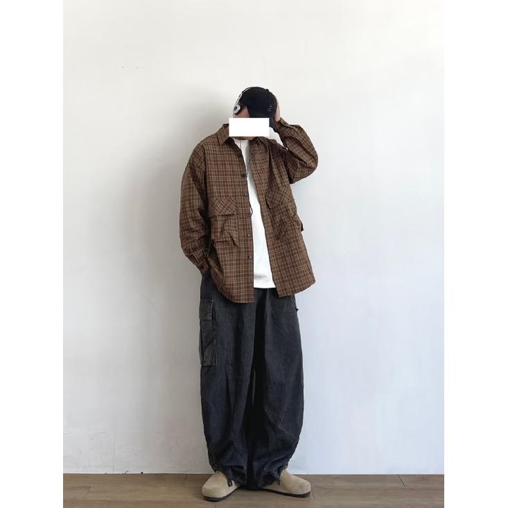 Japanese-Style Retro Large Pocket Plaid Long-Sleeved Shirt Men and Women Vintage Multi-Pocket Couple Contrast Color Shirt Coat