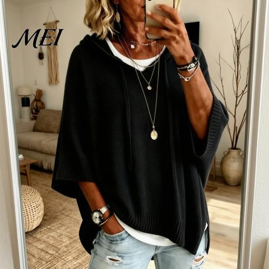 Fall Pullover Sweater Autumn Women Knit Sweater, Loose Fit Drawstring Hooded Solid Color 3/4 Sleeve Drop Shoulder Casual Long Tops