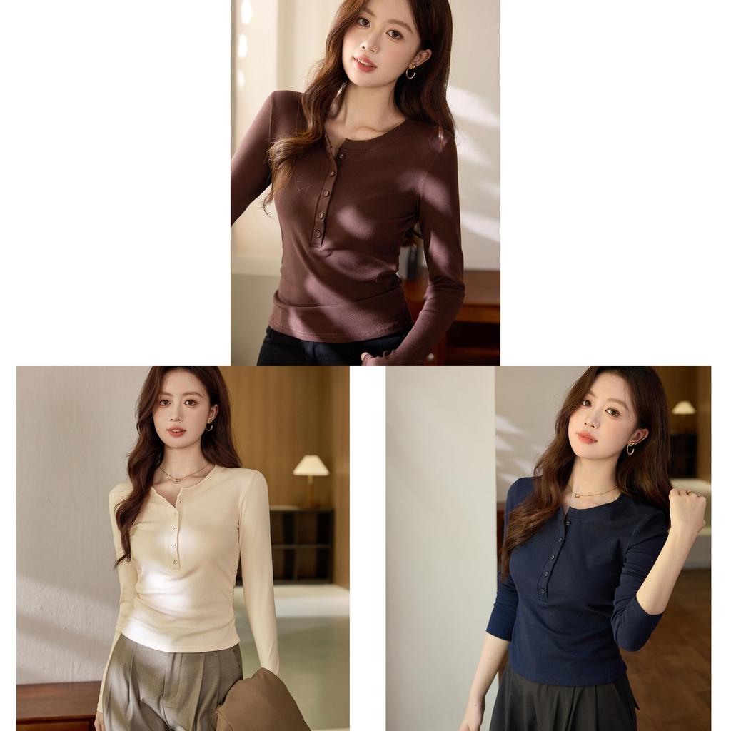 T-shirt in cotone a maniche lunghe da donna con dettagli a balze e scollo rotondo per l'ufficio