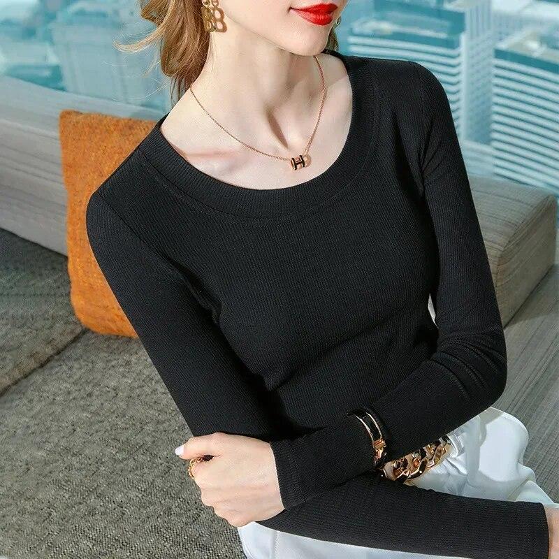 Autumn Round Neck Long Sleeve Knit T-shirt Women Casual Fashion Pullover T Shirt Woman Solid Bottom Inner Slim Ladies Tees 30276