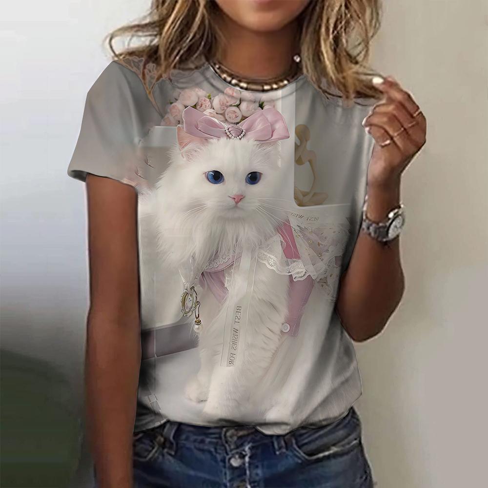 Hot Selling Women's T-shirts 3D Printed Pet Cat Summer Fashion Short Sleeved Top Round Neck Street Clothing Harajuku Casual Top