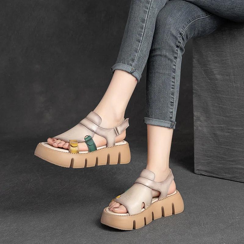 Fashion 5.5CM Summer Handmade Genuine Leather Sandals Women Designer Luxury Hook And Loop Wedges Platform Casual Sandals Women Shoes