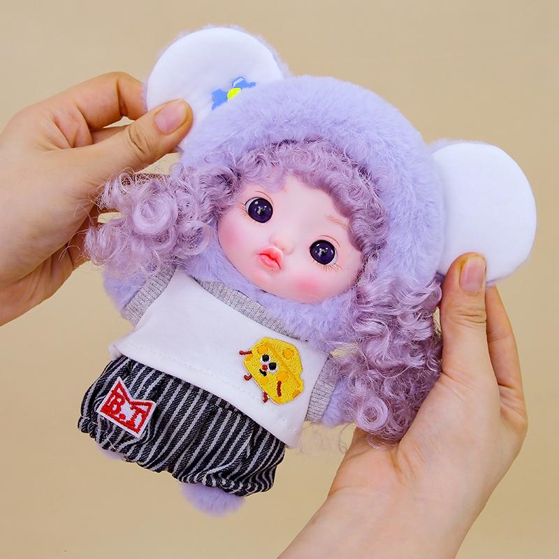 Exquisite Lovely Doll Vinyl Face Plush Toys Curly Haired Doll Wearing Clothes Birthday Christmas Gift for Kids Girls Hang Bag
