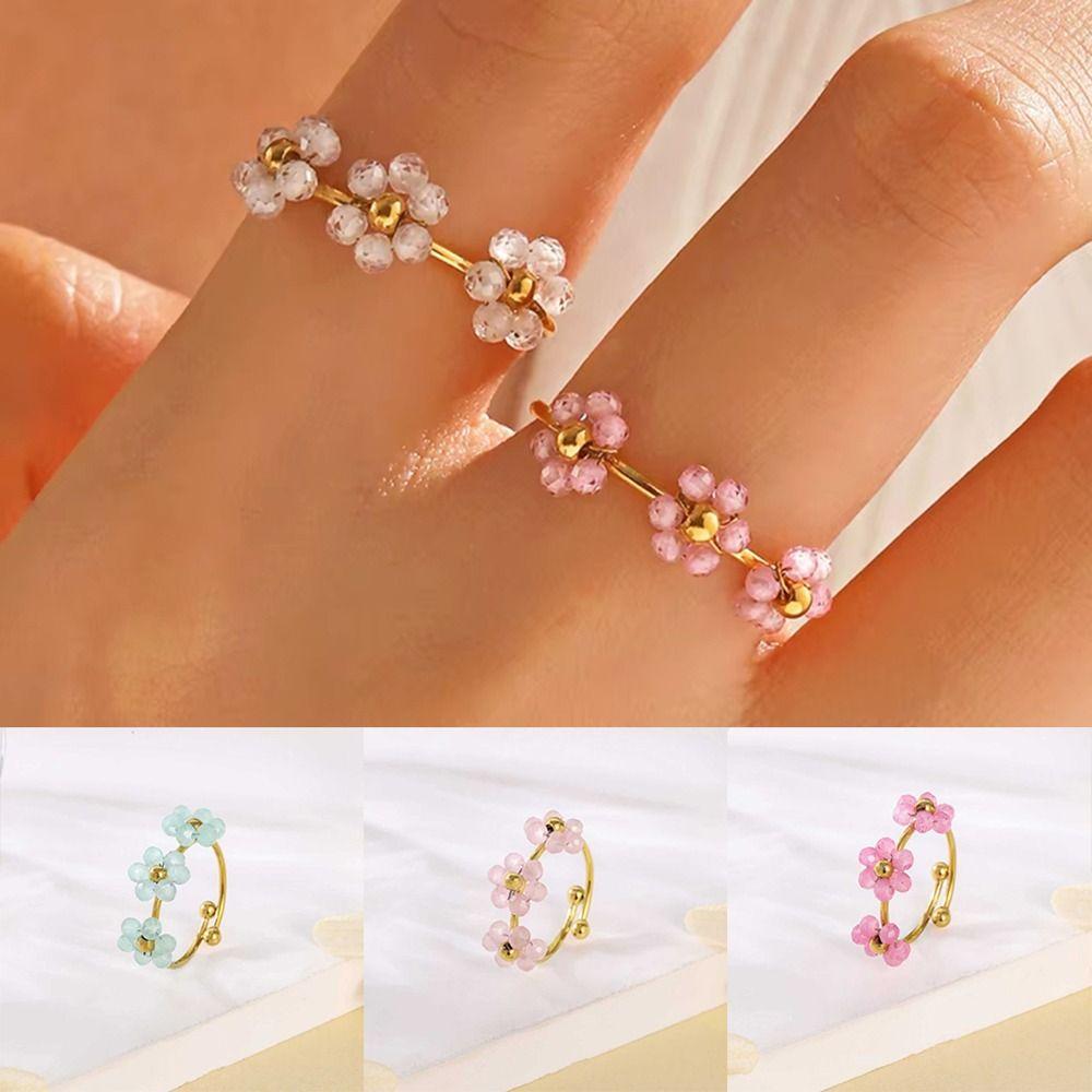 Colorful Flowers Open Ring Stainless Steel Finger Jewelry Fashion Flower Ring For Women Girls
