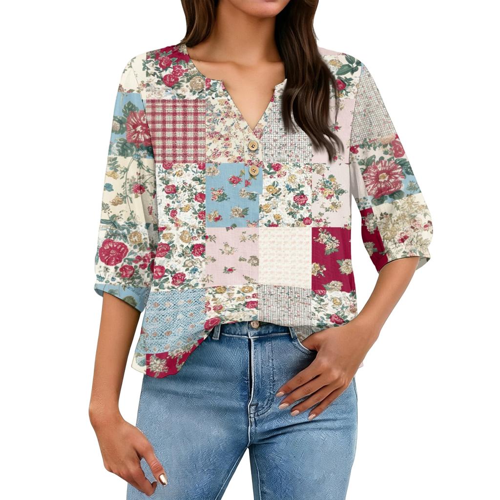 Women’s Fashion Printed Patchwork Henley Neck Button Front Three Quarter Sleeve Cotton Linen Shirt for Casual or Daily Wear