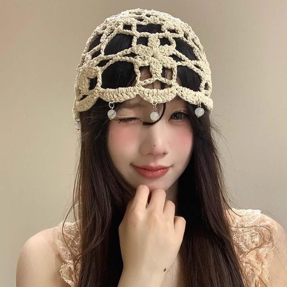 Bohemian Style Crochet Flower Knitted Hat Thin Handmade Hollowed Out Beanie Cap Apparel Accessories Korean Style Woven Cap