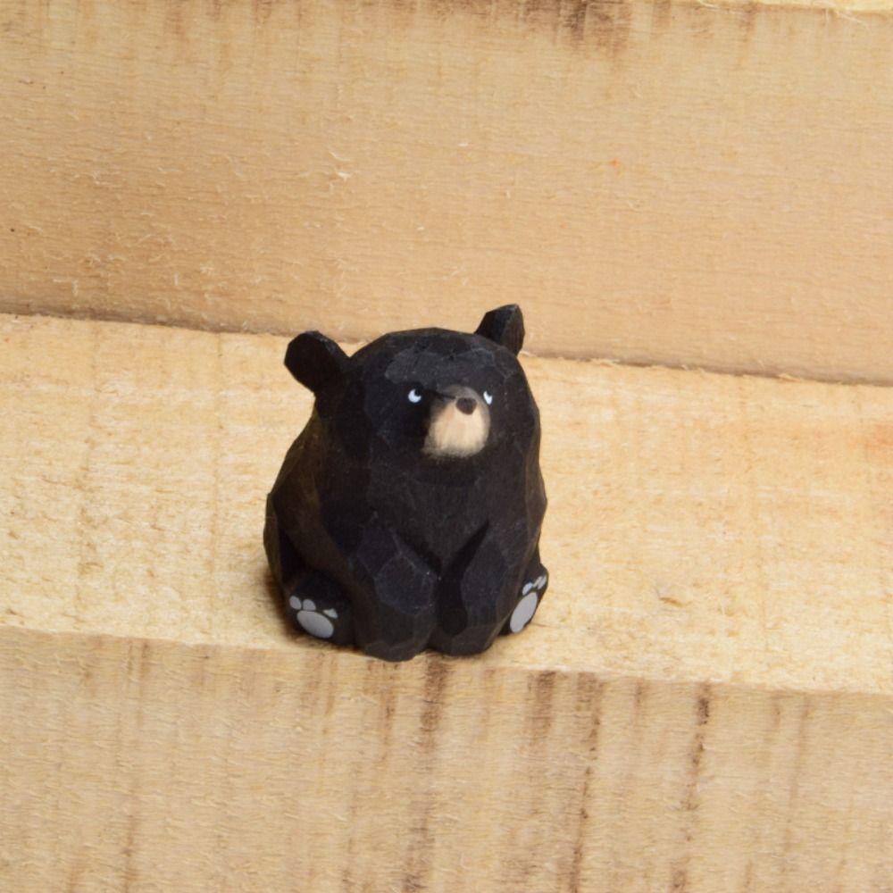 Solid Wood Polar Bear Ornament Hand Carved Mini Bear Statue Wooden Bear Figurines Courtyard