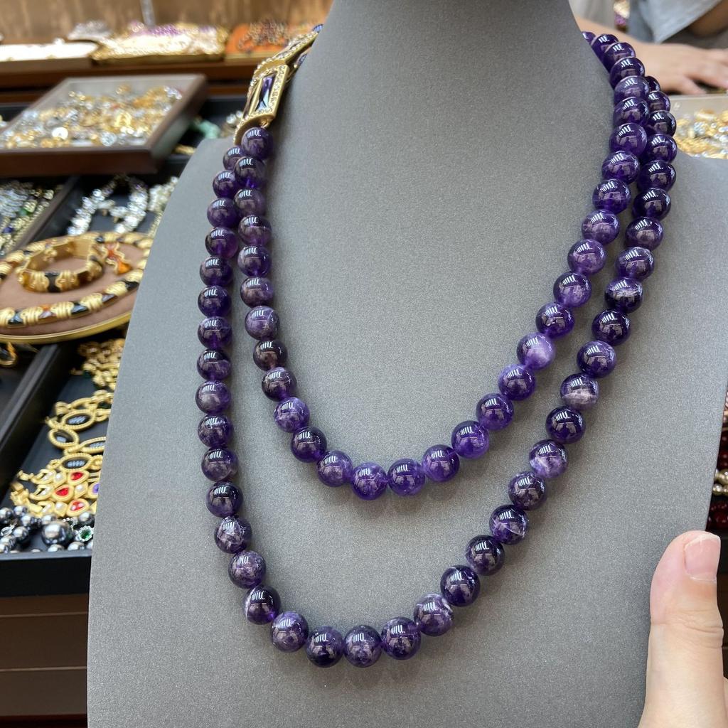 Elegant Double-Layer Agate Beaded Long Necklace Sweater Chain High-Quality Natural Amethyst Diamond Stud Earrings Set