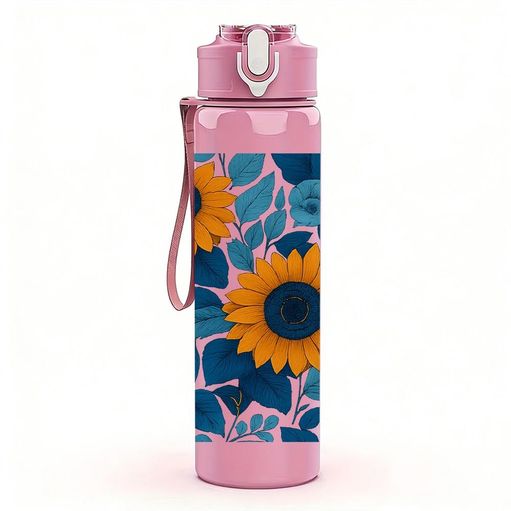 1PC Mosaic Sunflower Floral 750ml Color Plastic Sports Water Bottle Leakproof Flip Straw Lid Suitable for Sports Office Home Use