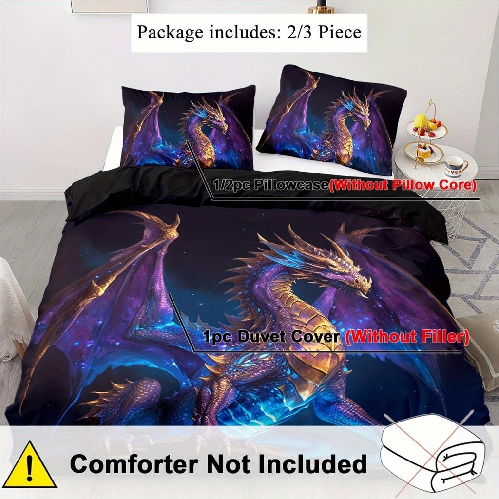 3pcs Dark Purple Beding Set Dragon 3D Printed Soft Comfultable Soft Duvet Cover King Quen Twin Single Sized Dimensions Bithday Gift Rom Decor