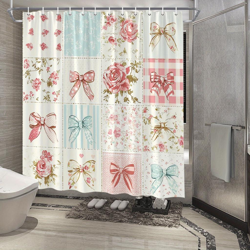 Charming Pink and Blue Floral Patchwork Waterproof Shower Curtain – Perfect for Adding a Soft and Romantic Touch To