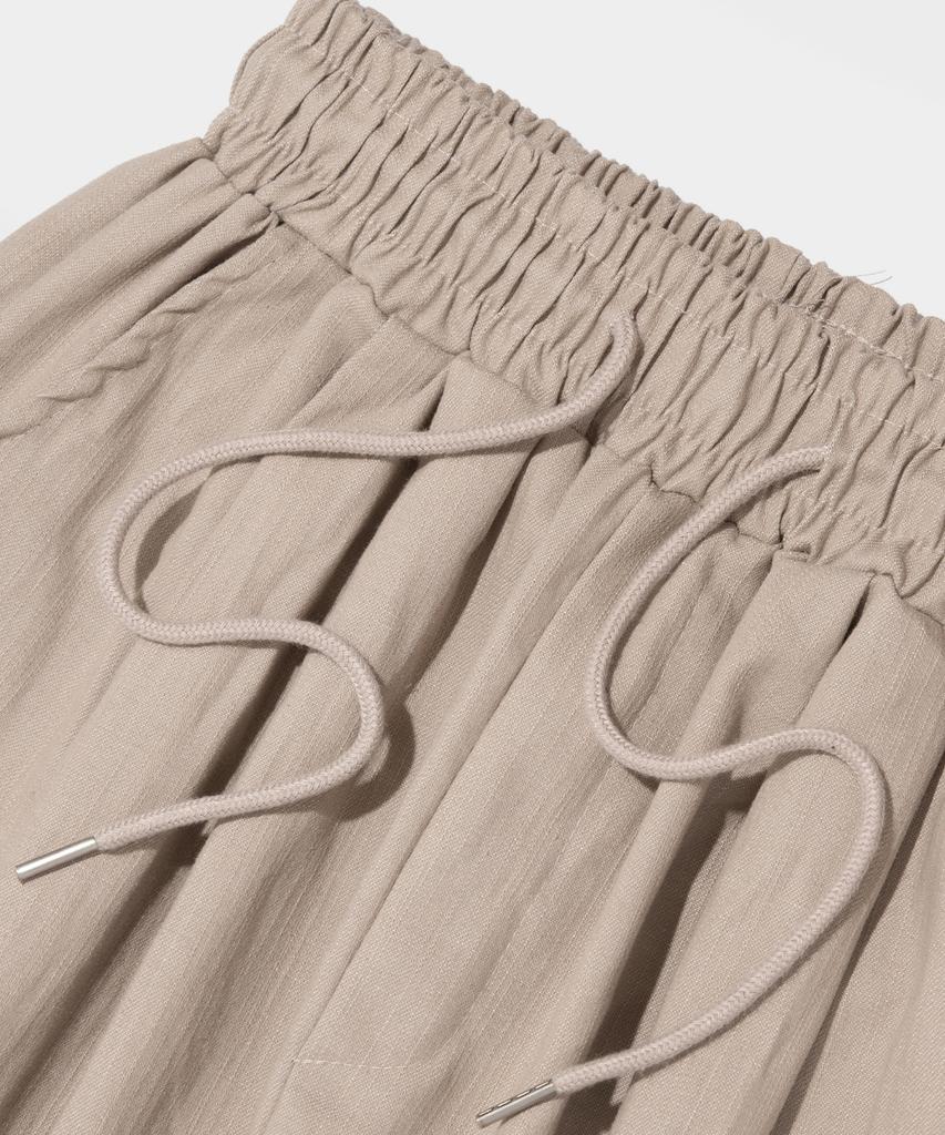 CARGOBROS Double-Pleat Linen Wide Elastic Pants (Beige)