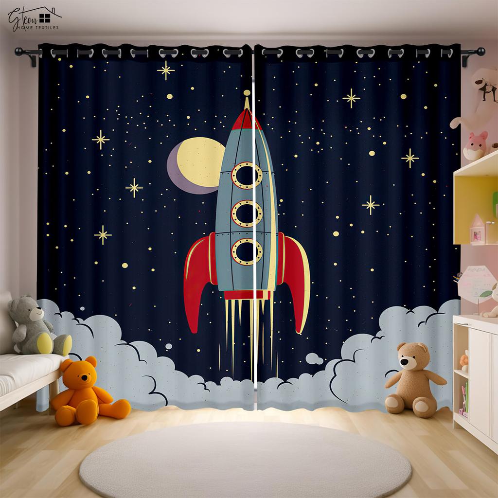 Cartoon Aerospace 3D Printing Curtains Astronaut Spaceman Spaceship Rocket Moon Planet Bedroom Children's Room Curtains 2PCS