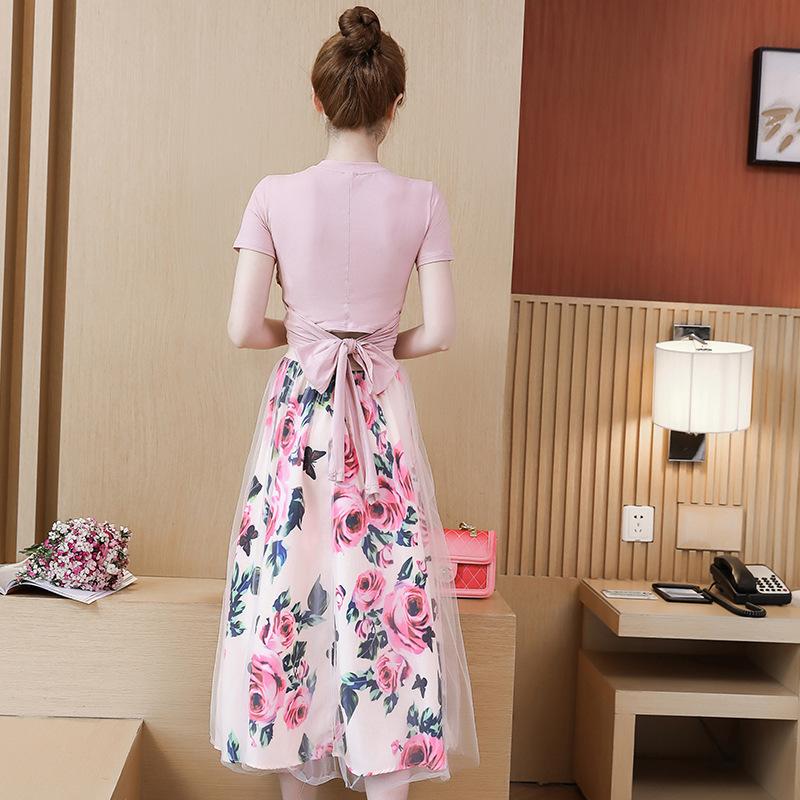 Women Irregular T Shirt+Mesh Skirts Suits Bowknot Solid Tops Vintage Floral Skirt Sets Elegant Woman Two Piece Set