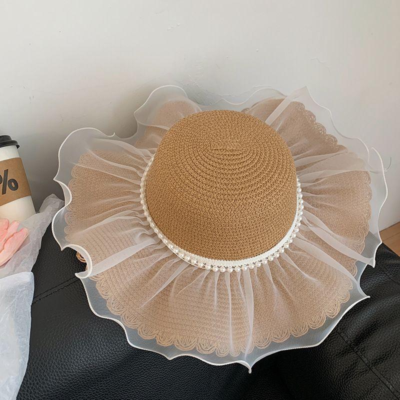 Lace bow wavy edge straw hat women's summer beach sun hat big brim sun hat