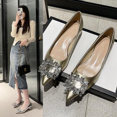 Rhinestone Square Buckle Single Shoes Women's New Temperament Elegant Niche Pointed Heel Single Shoes High Sense Silver Light Mouth Single Shoes