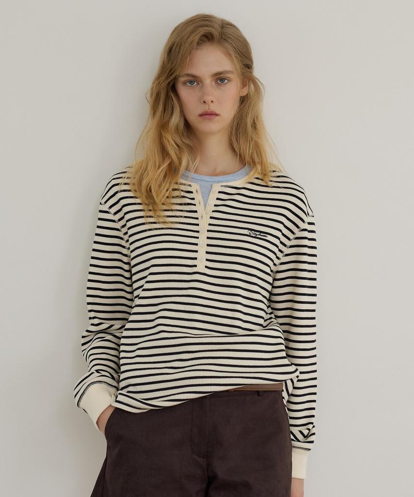 CITYBREEZE Striped Henley Neck Loose Fit T-Shirt_Black