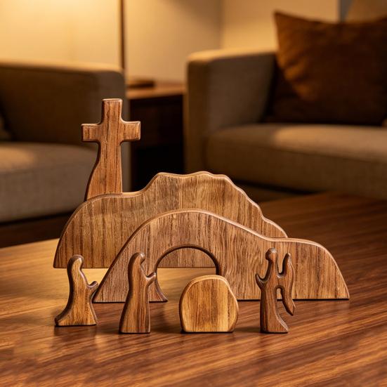 Wooden Empty Tomb Set Easter Religious Jesus Nativity Scene Decoration Easter Resurrection Scene Desktop Ornament for Christian Home Office Church