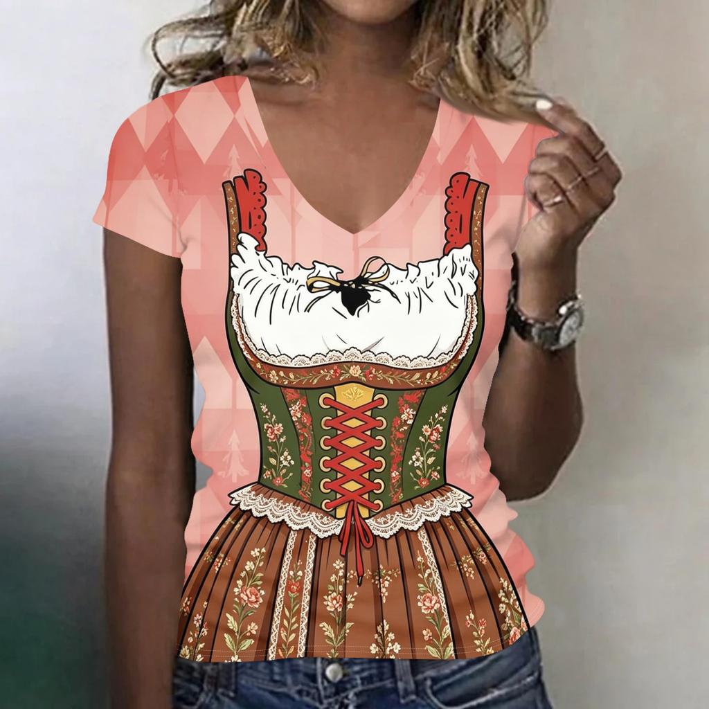 Womens Casual V Neck Short Sleeve Oktoberfest Print T Shirt Top Lightweight Comfortable Fit Soft Fabric