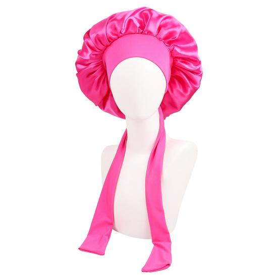 Women Shower Cap Sleeping Satin Bonnet Solid Color Adjustable Lace-up Bow Waterproof High Density Women Braids Curly Night Hat Beauty Parlor Cap Salon