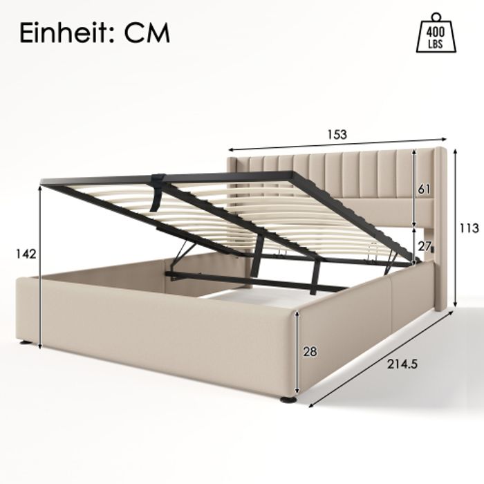 Lit double capitonné - 140x200 cm - Sommier à lattes en métal - Lin beige - Matelas inclus